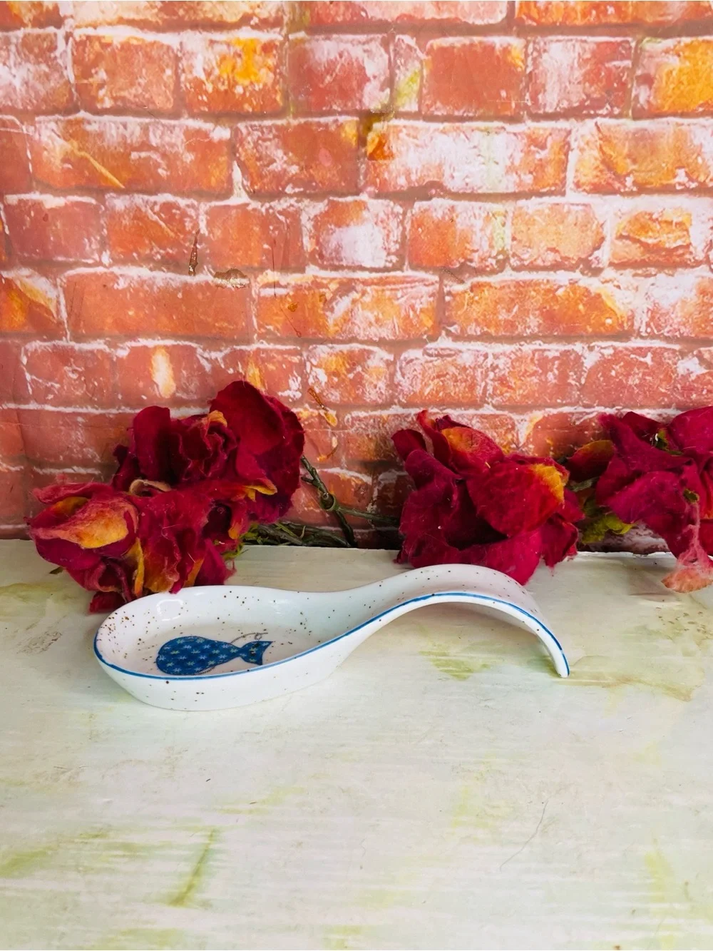 Vintage Otagiri White Ceramic Spoon Rest with Blue Floral Cat Accent